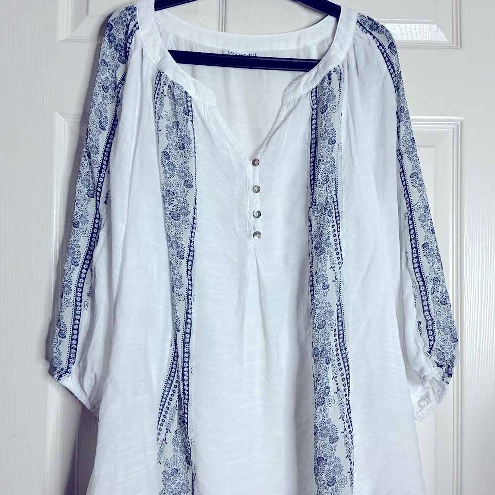 Sara Michelle White and Blue 3/4 Sleeve Relaxed SunBlouse